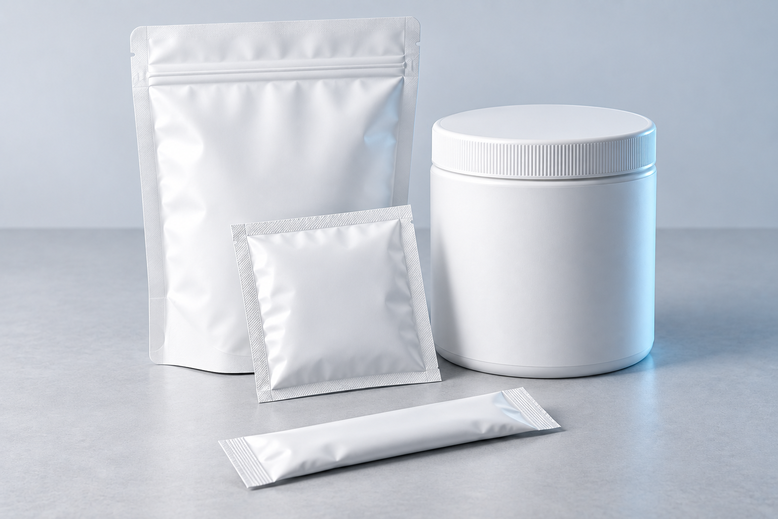 White powder packaging on a studio surface: a stand-up pouch, tub, broad sachet and a slim sachet lying flat in front